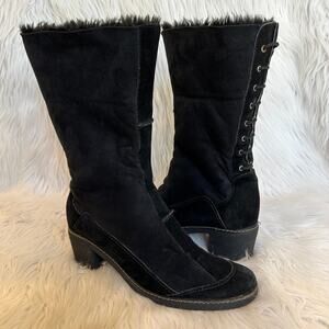 Aquatalia Fur Lined Boots Lace Up Back Mid Calf Heeled Suede Black Boot